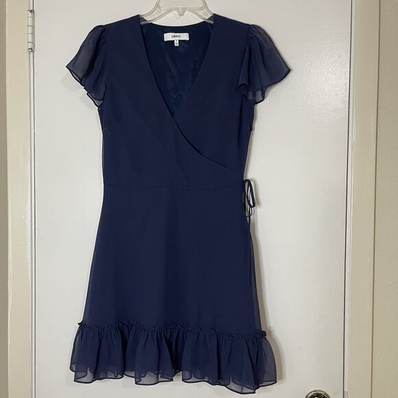 LIKELY Navy blue wrap chiffon vneck ruffle hem flutter dress size US 4 - Picture 1 of 7